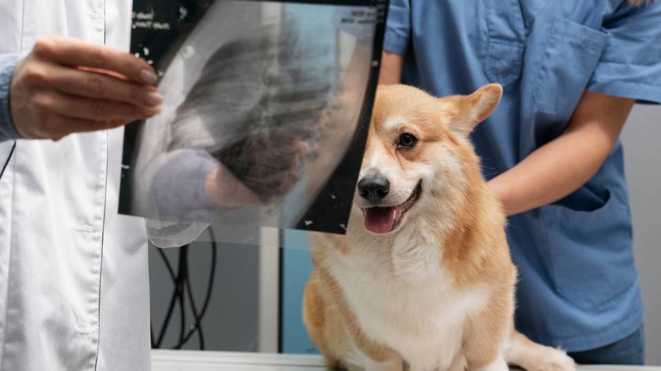 Veterinarian looking at an Xray with a corgi